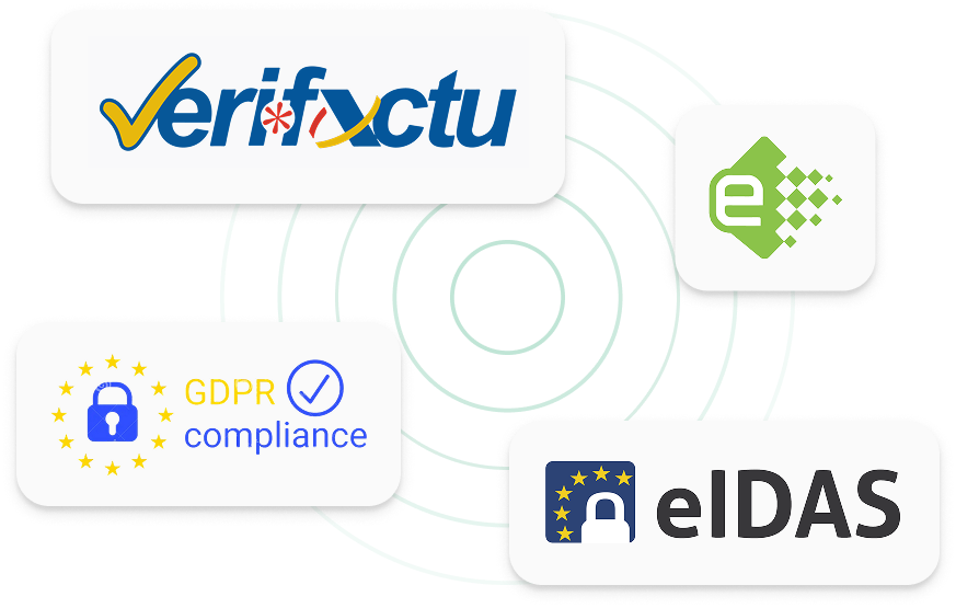 Logotipos de normativa fiscal española y europea compatibles con Previoo: VeriFactu, eIDAS, TicketBAI, IGIC y Facturae